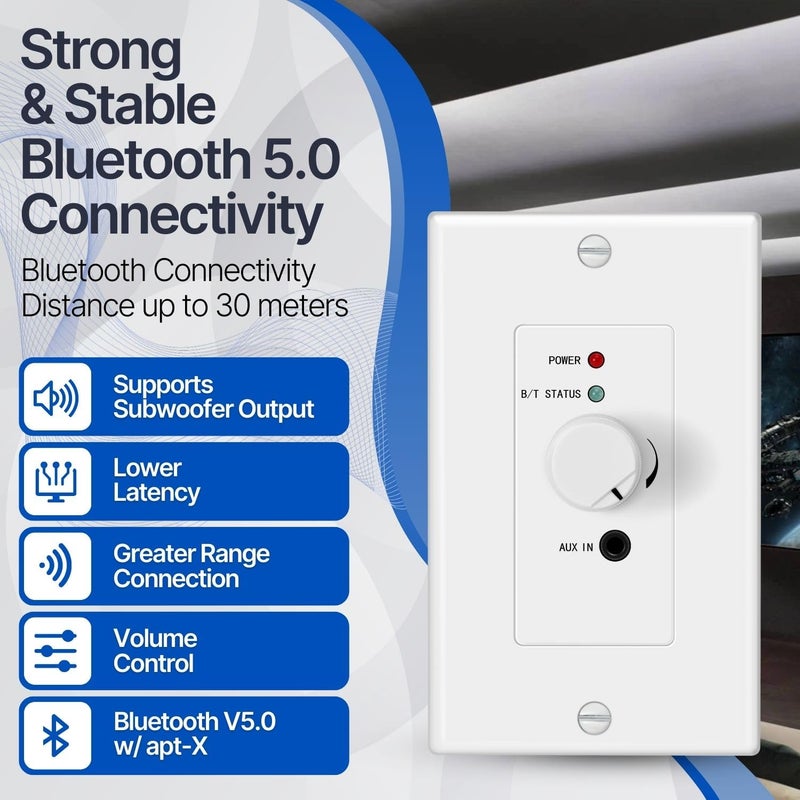 TNP Products TNP Wireless Bluetooth Audio Receiver Wall Plate Mount, 120W BT 5.0 aptX Music Streaming Adapter - Speakers Stereo Amplifier Audio Volume Control, 3.5mm AUX Input for Sound Speaker Systems - Image 4